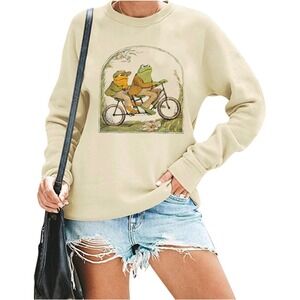 Frog and Toad Sweatshirt Crewneck Beige Cute Graphic Print Pullover